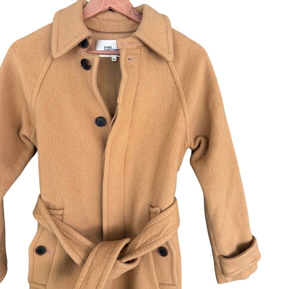 DVF Diane von Furstenburg Lia Wool Coat XXS Camel Tan Peacoat Tie Old Money - Picture 3 of 6